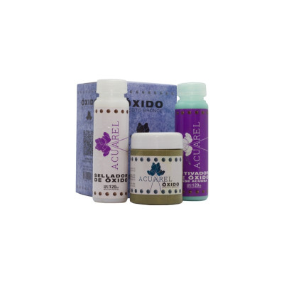 ACUAREL- EFECTO OXIDO KIT x 3 (BASE/ACTIVA/SELLADO) BRONCE OXH002 ACUAREL- EFECTO OXIDO KIT x 3 (BASE/ACTIVA/SELLADO) BRONCE OXH002